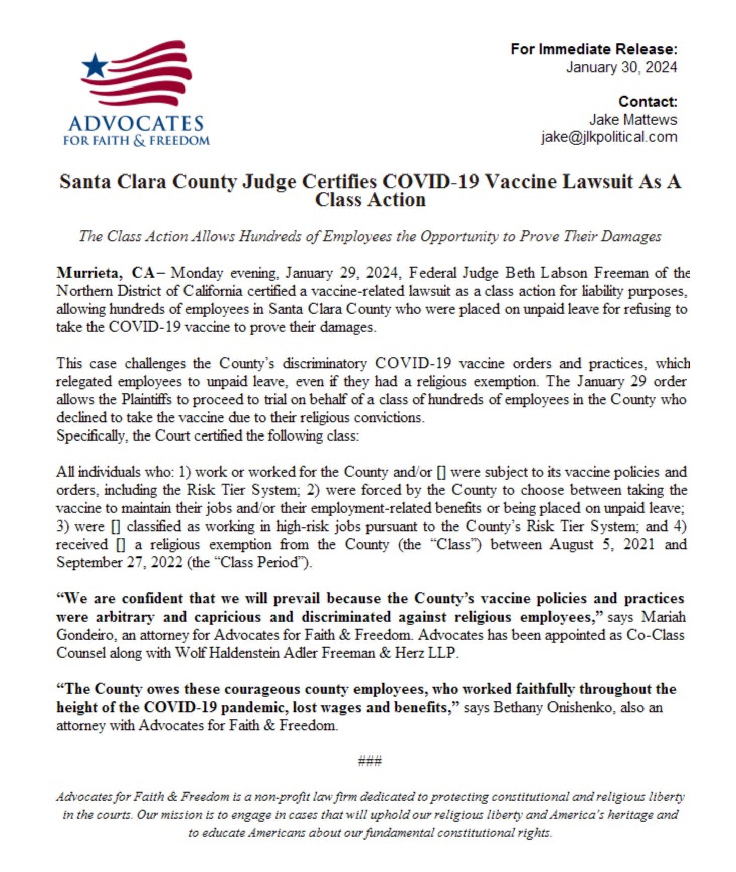Advocates for Faith &amp; Freedom on X: &ldquo;CASE UPDATE 🚨Monday evening 