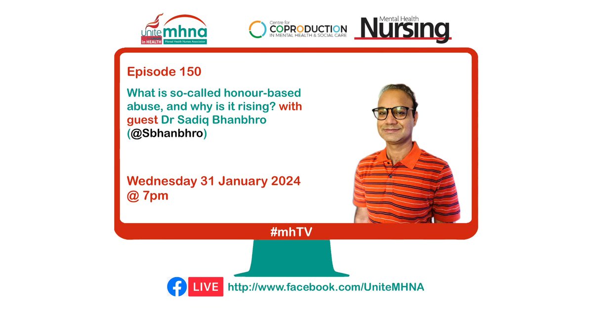 Going live at 7 pm BST on #mhTV ⏰📺 with @Unite_MHNA 🙋‍♀️ and @UniteinHealth 🙋‍♂️ to talk about so-called honour-based abuse (HBA) and why it is rising. 🗣️💬📈

@niadla @HallamUniNews