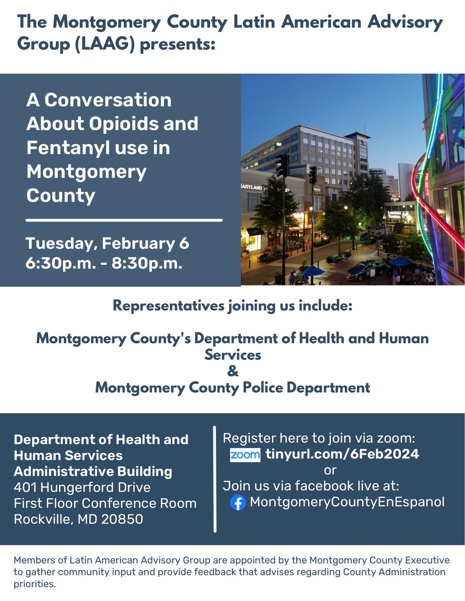 LuciaZgr's tweet photo. Join the Latin American Advisory Group to the @MontCoExec for a conversation about opioids and fentanyl use in Montgomery County with representatives from DHHS and MCPD. We will host this event in person and livestream it through facebook and zoom: https://t.co/pXJr27Vrvo https://t.co/EBUev5OMEO