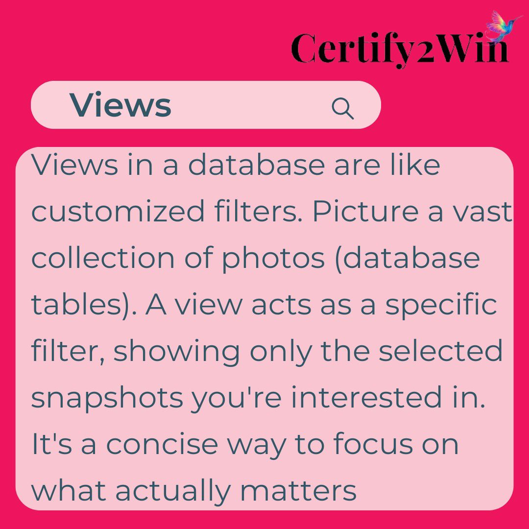 certify2win's tweet photo. Byte Size Learning from https://t.co/dTYOH8zyZY . Please follow us to keep learning.

#sql  #learning #views  #network https://t.co/SWS3gBFOti