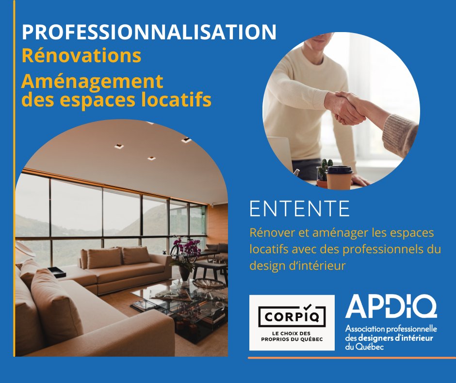 🤝Nouvelle entente de partenariat entre la Corporation des propriétaires immobiliers du Québec et l’APDIQ pour professionnaliser les domaines de la rénovation et de l’aménagement des espaces locatifs.
bit.ly/3Sj4AK4
#apdiq #corpiq #designintérieurpro