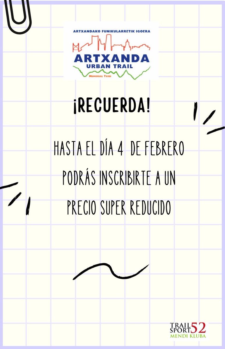 Artxanda Urban Trail-Funikularretik Igoera (@artxandaut) on Twitter photo ATENCION‼️
El próximo domingo 4 de febrero a las 24:00 cambian las tarifas de inscripción de la <a href="/ArtxandaUT/">Artxanda Urban Trail-Funikularretik Igoera</a> ‼️
No dejes pasar la oportunidad y aprovecha el descuento‼️ ATENCION‼️
El próximo domingo 4 de febrero a las 24:00 cambian las tarifas de inscripción de la <a href="/ArtxandaUT/">Artxanda Urban Trail-Funikularretik Igoera</a> ‼️
No dejes pasar la oportunidad y aprovecha el descuento‼️