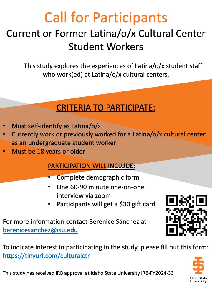 Hello everyone! I’m doing a second round of recruitment for my study on current and former Latina/o/x Cultural Center student workers who may be interested in participating in a research study.
To participate please complete the following form:
tinyurl.com/culturalctr