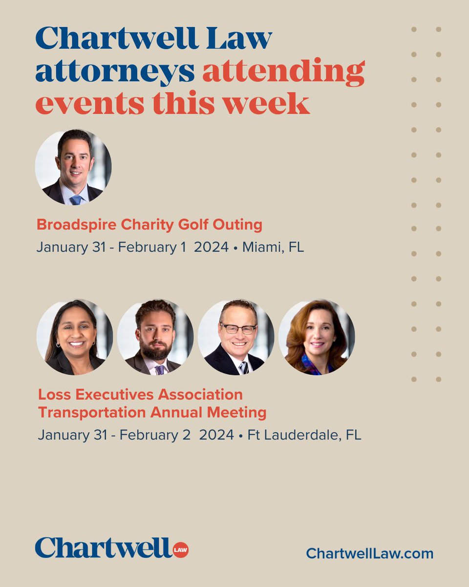 This week, #ChartwellLaw attorneys will be attending multiple events in #Florida.

Joshua Gray will be in Miami, FL at the #Broadspire Golf Outing.

Hema Mehta, Christopher Cooper, Michael Diamond and Barrie Beer will be in Ft. Lauderdale, FL for the #LEA Annual Meeting.