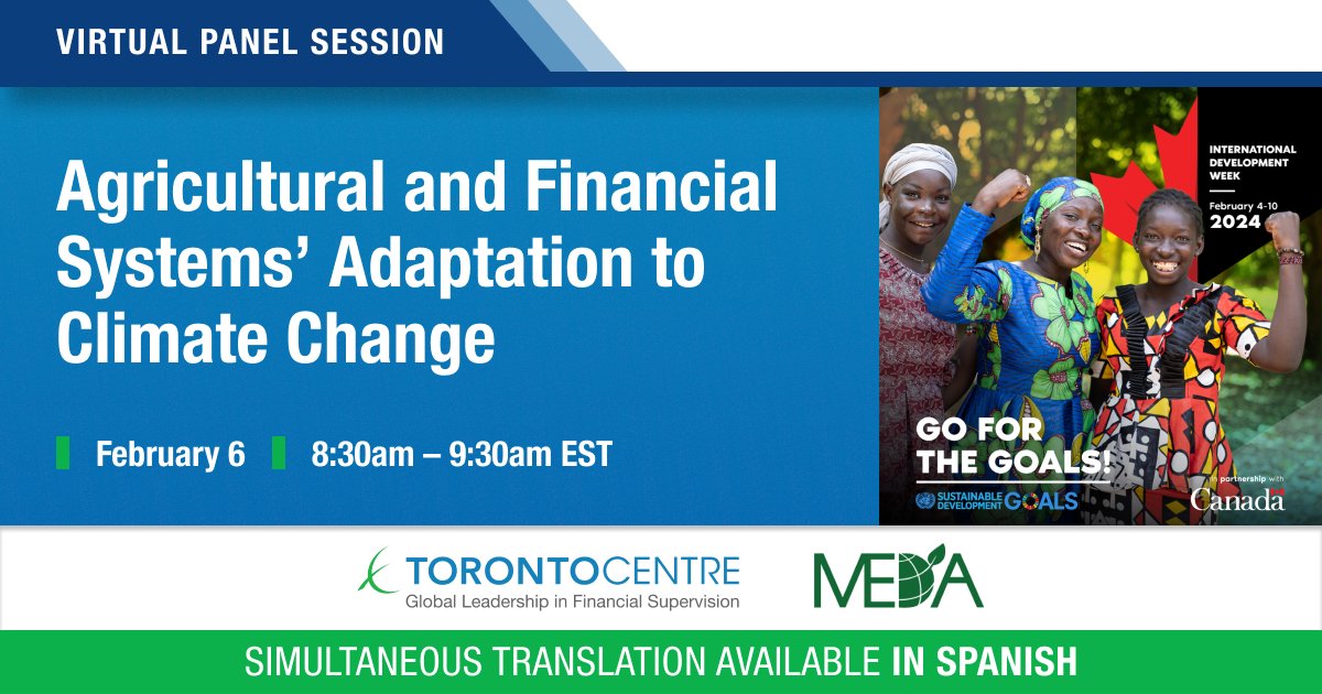 _TorontoCentre's tweet photo. Simultaneous Spanish translation will be available for Toronto Centre and @medadotorg's #idw2024 virtual panel session on "Agricultural and Financial Systems’ Adaptation to Climate Change"

Register now: https://t.co/RfBM6gG6t3

@CanadaDev #GoForTheGoals https://t.co/pBJRLVCYlV