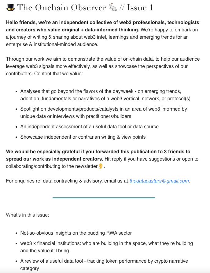 onchain_brewer's tweet photo. 👋🏻 🎩 𝐓𝐡𝐞 𝐎𝐧𝐜𝐡𝐚𝐢𝐧 𝐎𝐛𝐬𝐞𝐫𝐯𝐞𝐫 (part 1)

is an Onchain Report for enterprise web3 teams created by a collective of web3 technologists and creators who value original + data-informed thinking.

Issue 1 is out: 
- Not-so-obvious insights on the RWA sector https://t.co/UhkHWvs0mg