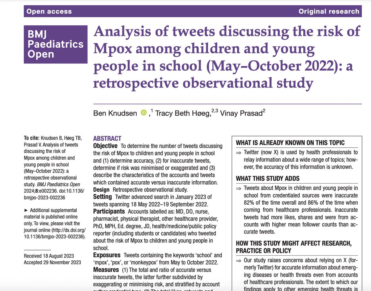 Vinay Prasad MD MPH (@vprasadmdmph) on Twitter photo Just out in <a href="/BMJ_PO/">BMJ Paediatrics Open</a> we analyze tweets by public health "experts" during the Monkeypox outbreak in 2022
Led by brilliant med student <a href="/BenKnudsen31/">Ben Knudsen</a>
Many falsely claimed the epidemic would reach schools or could be curbed by masking kids
bmjpaedsopen.bmj.com/content/8/1/e0… Just out in <a href="/BMJ_PO/">BMJ Paediatrics Open</a> we analyze tweets by public health "experts" during the Monkeypox outbreak in 2022
Led by brilliant med student <a href="/BenKnudsen31/">Ben Knudsen</a>
Many falsely claimed the epidemic would reach schools or could be curbed by masking kids
bmjpaedsopen.bmj.com/content/8/1/e0…