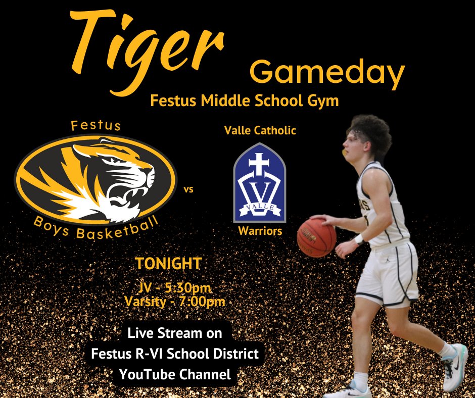 🏀It's a Tiger Gameday! The boys basketball team takes on the Valle Catholic Warriors in a make-up from January 16.  The games are in the MIDDLE SCHOOL GYM because of another activity at the high school. JV at 5:30, Varsity at 7. Live stream:  youtube.com/c/FestusRVISch…
#WeAreFestus