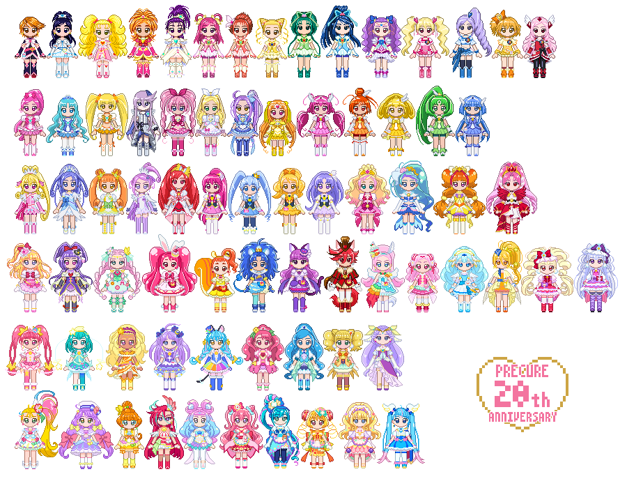 juno777work's tweet photo. 祝プリキュア20周年！

20年前の今日、プリキュアに出会えて良かった！
強くて可愛い魅力的なキャラも、心に響くストーリーも初代からずっと好きです！

（去年から少しずつ作ってきたドット絵、ひろプリはスカイしか間に合わなかった…）

#プリキュア20周年
#プリキュアの日
#プリキュアドット絵 https://t.co/8ntYRdn9j4