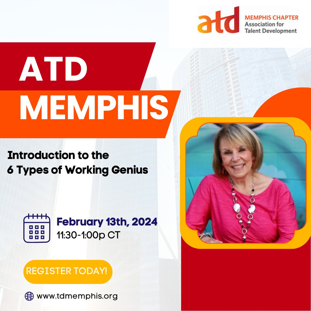 Say goodbye to January and hello to February with our upcoming event: 'Introduction to the 6 Types of Working Genius.' Get ready to unlock your working genius with expert guidance from Jana Cardona. 
#ATDMemphis #WorkingGenius #ProfessionalDevelopment