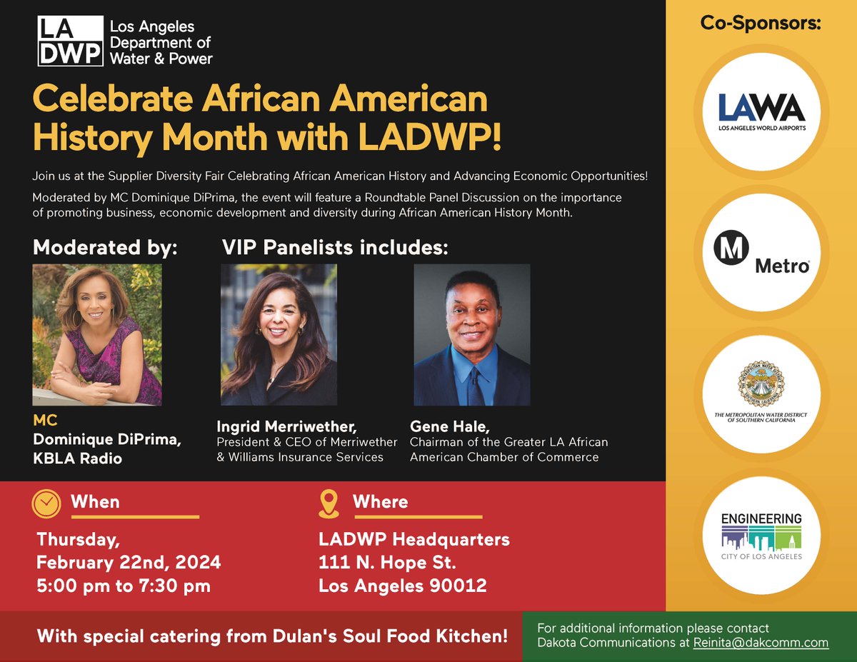 dakcomm's tweet image. Join us at LADWP’s Supplier Diversity Fair celebrating African American History Month &amp;amp; Advancing Economic Opportunities on Thursday, February 22nd! We are inviting local, small &amp;amp; disadvantaged businesses to attend. Register today at the Eventbrite link: eventbrite.com/e/ladwp-suppli…