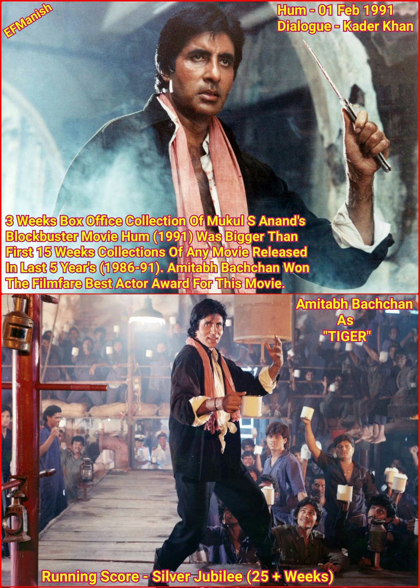 ManishK89979565's tweet photo. #33YearsOfHum (1st Feb 1991)

Three weeks #BoxOffice collection of #MukulSAnand's blockbuster movie #Hum (1991) was bigger than first 15 weeks collections of any movie released in last five years (1986- 91).👍

@SrBachchan sir won the #Filmfare best actor award for this movie. 💪 https://t.co/EjBmmxiFAW