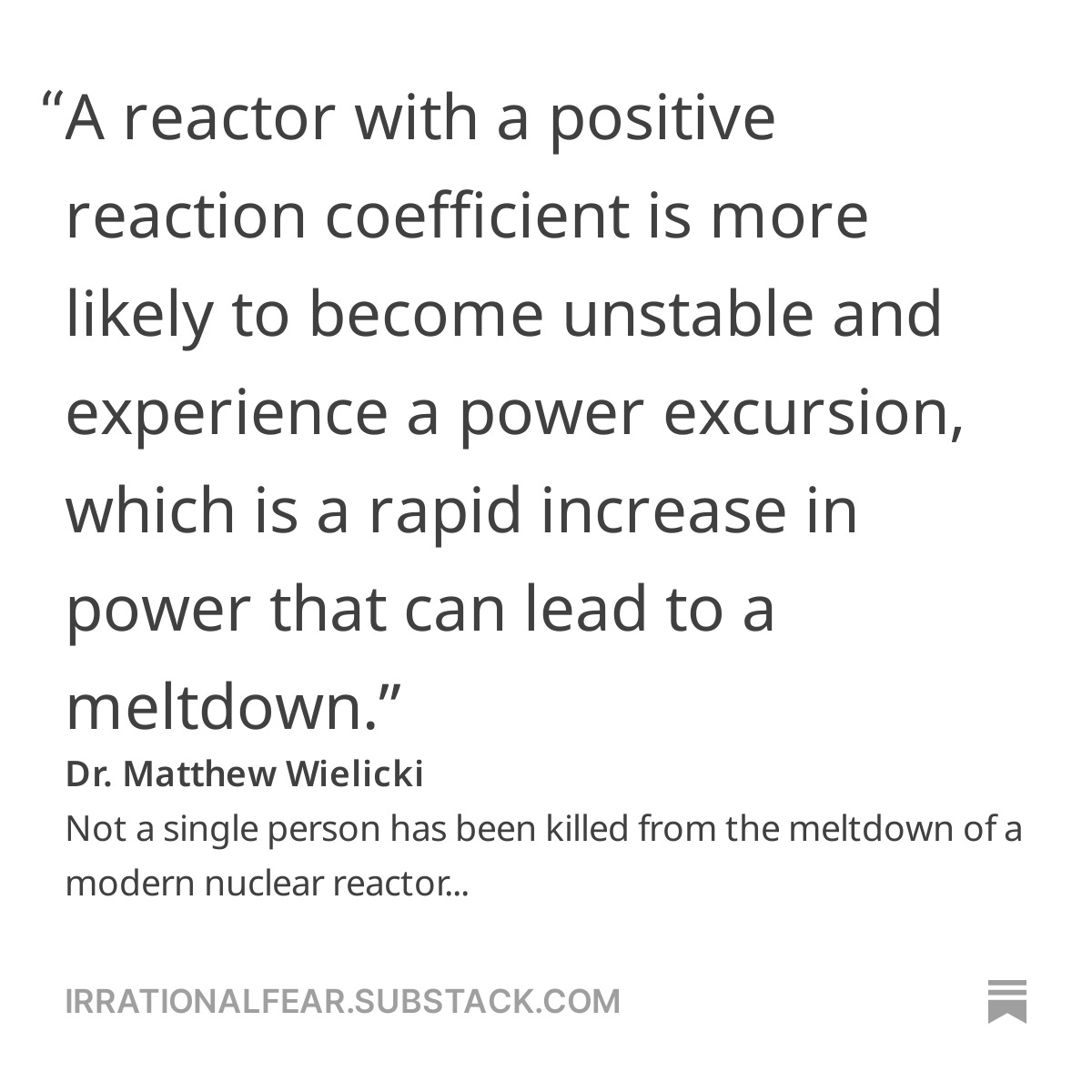 Not a single person has been killed from the meltdown of a modern nuclear reactor... by @MatthewWielicki Read more here: irrationalfear.substack.com/p/not-a-single…