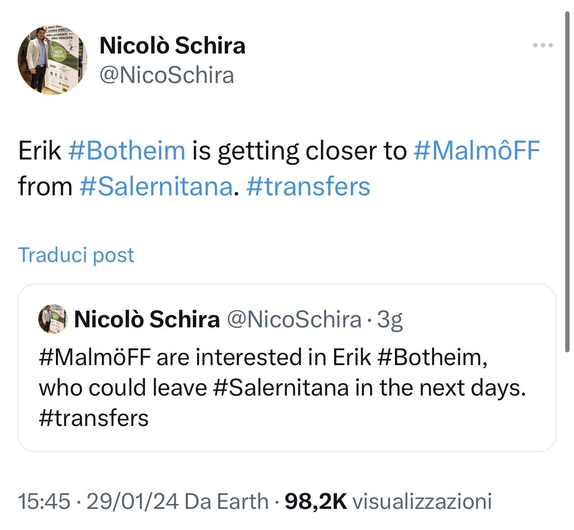 NicoSchira's tweet photo. Now it’s official! Erik #Botheim to #MalmöFF from #Salernitana. No surprise here and confirmed since the last January 27! #transfers https://t.co/dLyoBpnkhO