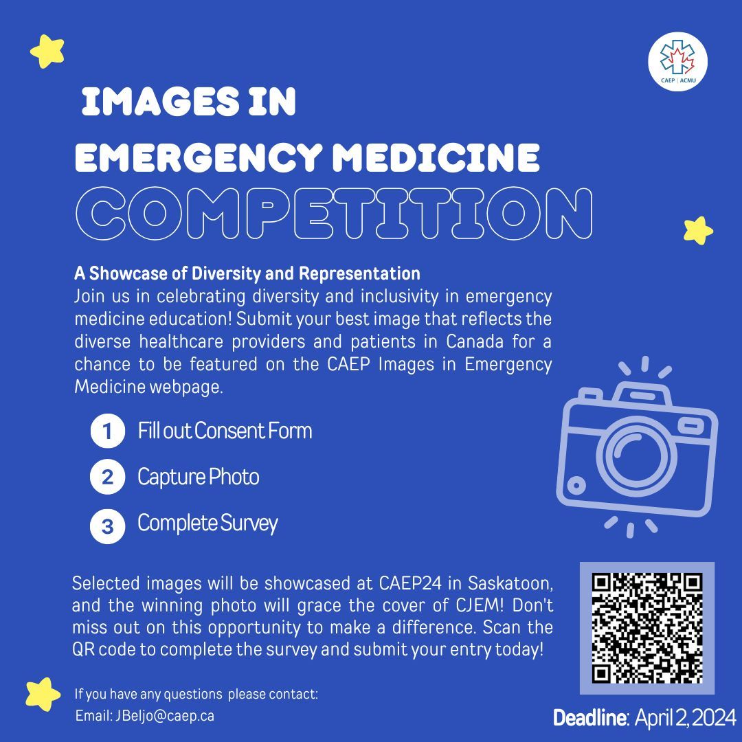 Another reminder about the @CAEP_docs Images in Emergency Medicine competition! If you like taking photos, this contest is for you! More details: buff.ly/3UhAYPP #HealthcareThroughMyLens #DiverseImagesInHealthcare #CAEPImageCompetition2024