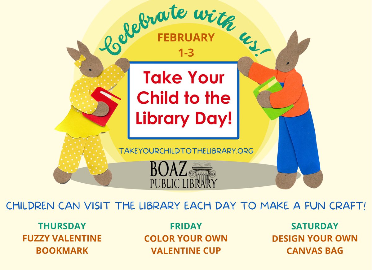 BoazLibrary's tweet image. February 3rd is Take Your Child to the Library Day! We&apos;re celebrating Thursday, Friday, &amp;amp; Saturday!

Children can participate in a fun craft &amp;amp; a special scavenger hunt to earn a prize &amp;amp; button.

All children who visit the library will receive a free book!