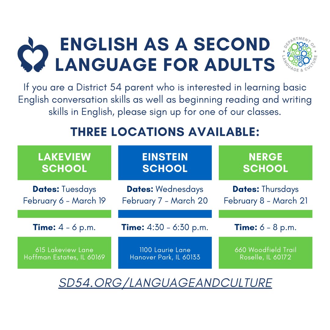 D54schools's tweet photo. If you are a District 54 parent and interested in learning basic English conversation skills as well as beginning reading and writing skills in English, we invite you to sign up for one of our English as a Second Language for Adults classes. To register: https://t.co/oEiqKd8UfJ https://t.co/L5VZe5mPV4