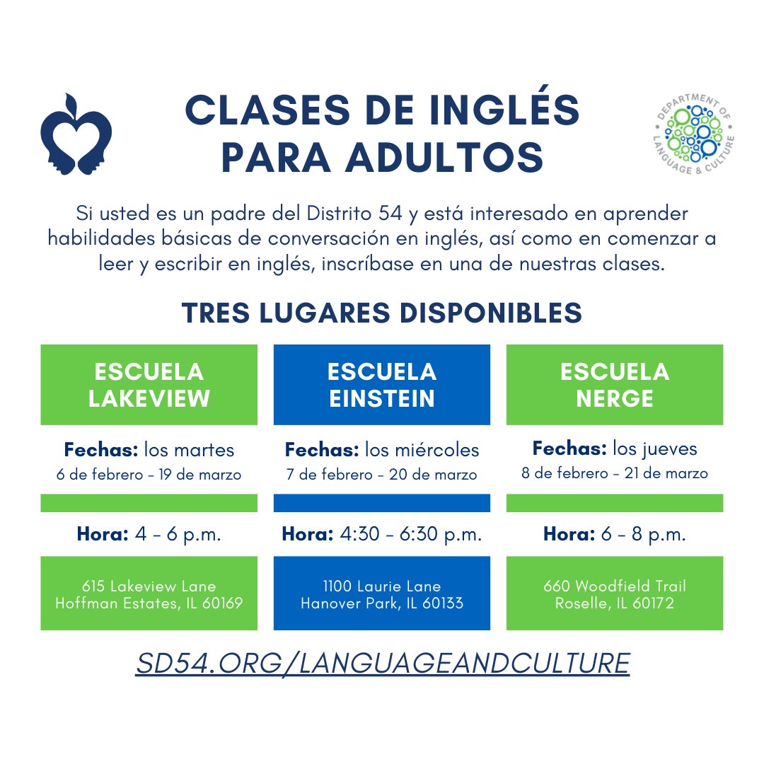 D54schools's tweet photo. If you are a District 54 parent and interested in learning basic English conversation skills as well as beginning reading and writing skills in English, we invite you to sign up for one of our English as a Second Language for Adults classes. To register: https://t.co/oEiqKd8UfJ https://t.co/L5VZe5mPV4