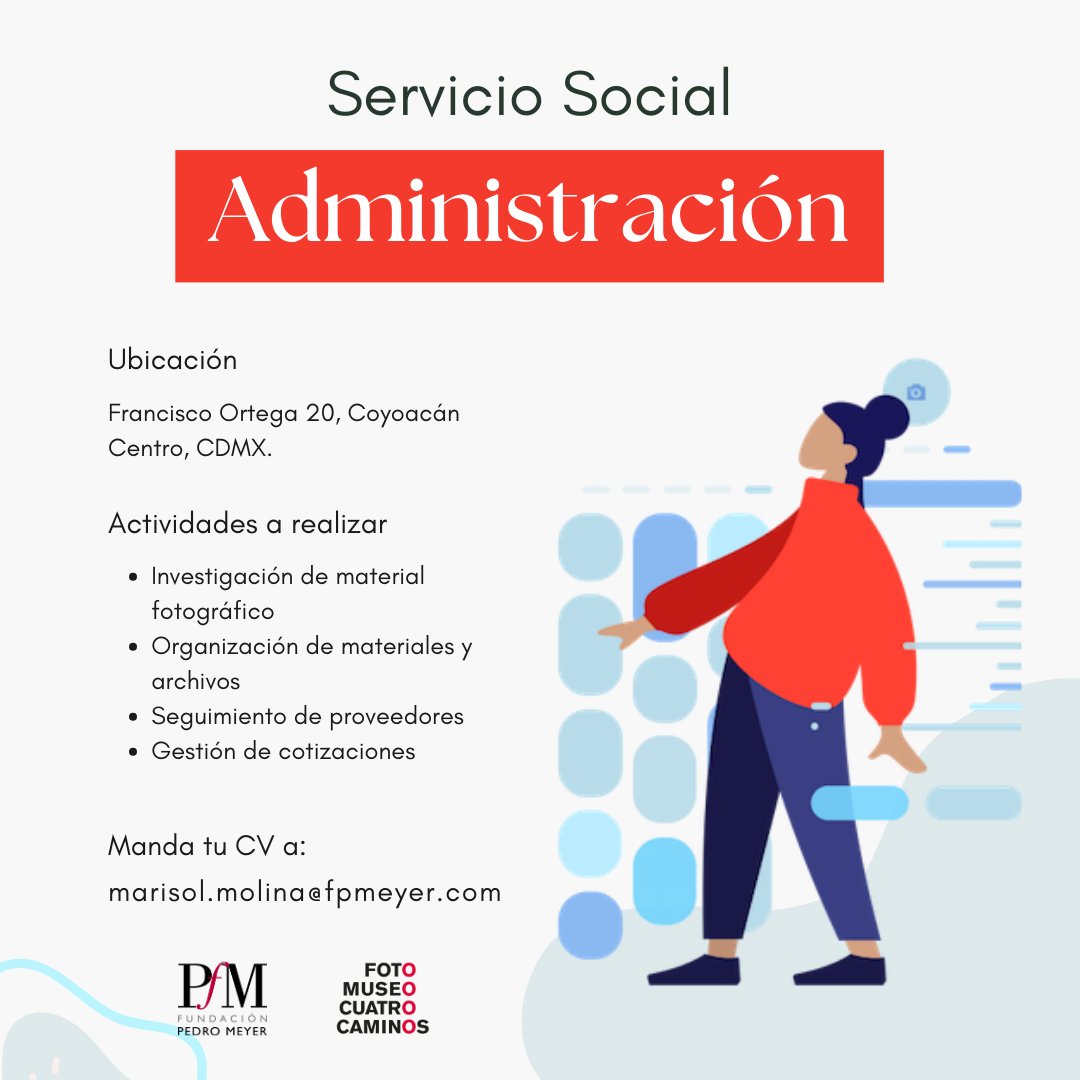 fotomuseomx's tweet photo. ¡Tenemos vacantes para Servicio Social!

Si cumples los requisitos manda tu cv a marisol.molina@fpmeyer.com
#FM4C #ServicioSocial #administracion https://t.co/Tnwn5cEgw2
