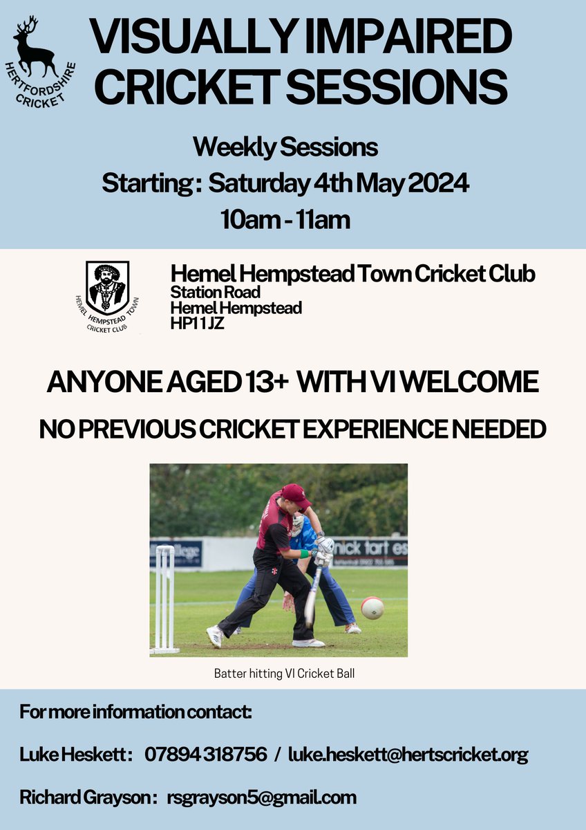This summer Hertfordshire Cricket & Hemel Hempstead CC will be staging a number of VI cricket sessions, for details please see the attached flyer.