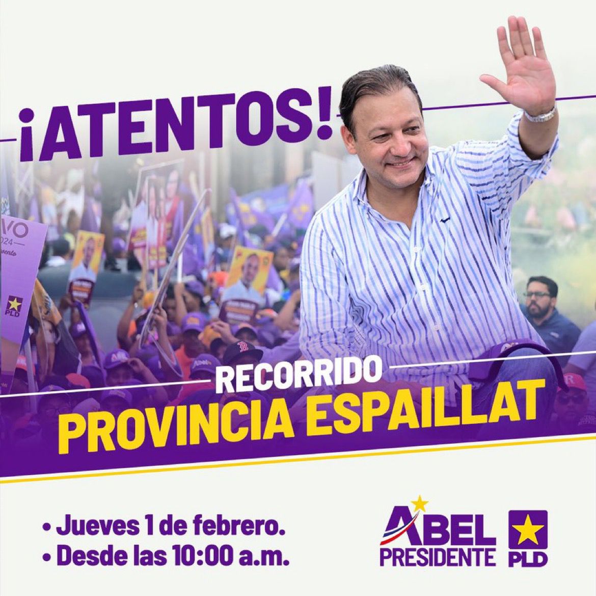 .EN ESPAILLAT SE VOTA 2 ✌🏻

Moca, tierra de héroes, volverá a resplandecer con el #PLDConAbel

Este jueves 01 de enero, #AbelPresidente realizará un extenso recorrido por la provincia para culminar con una gran marcha caravana. 

¡Teñiremos Espaillat de #MoraoEnTodo!💜