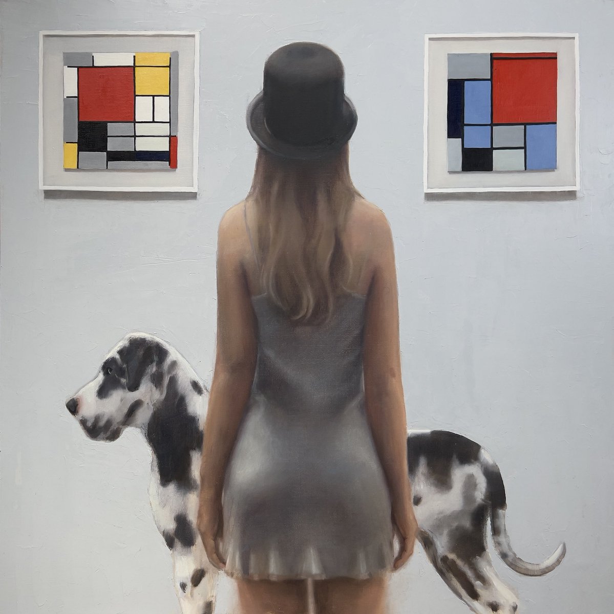 “Connoisseurs”
Oil on panel, 76 x 76cm

I loved dabbling with a bit of Mondrian. Not as easy as some would think!