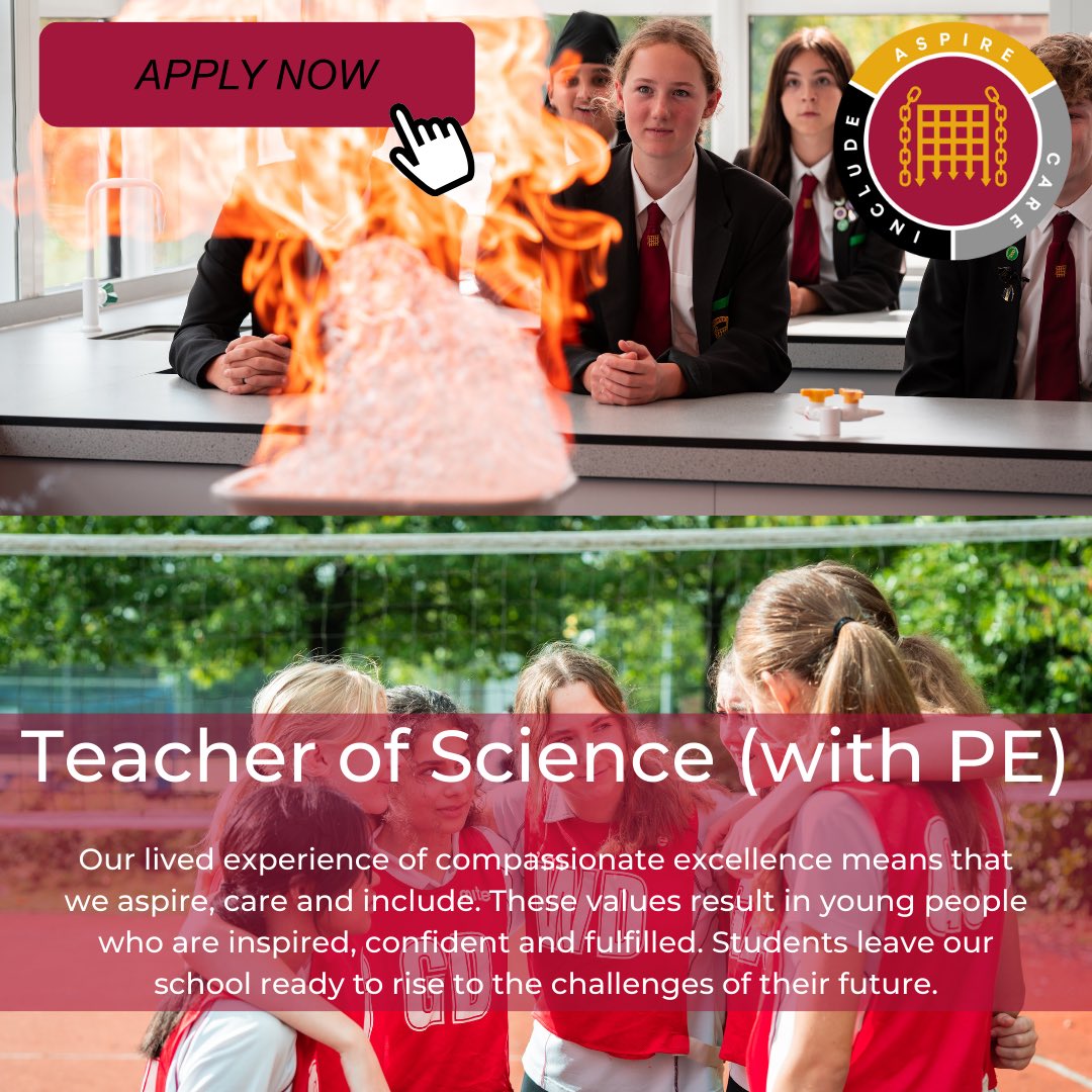 Start Date: Easter 2024
The Romsey School is seeking to appoint a Teacher of Science with PE as a Second Specialism.  This is an exciting opportunity to combine both Science and PE skills to educate our students. theromseyschool.org/vacancies