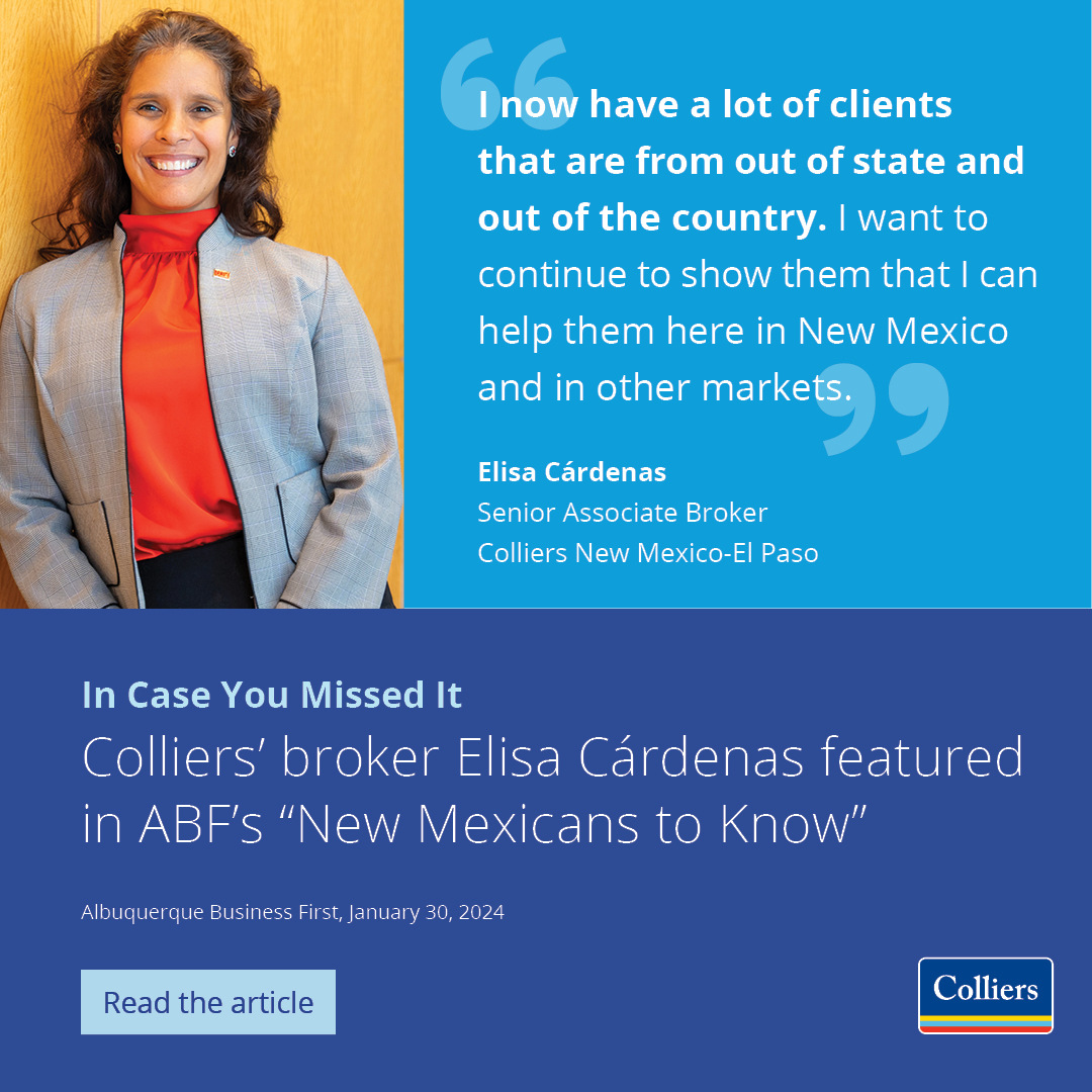 Colliers_NM's tweet photo. #ICYMI... @ABQFirst featured our own Senior Associate Broker, Elisa Cárdenas, in their New Mexicans to Know column! Thank you @ABQFirst!
Read more about Elisa here: https://t.co/Z4Q8lKpOkr
#CRE #CommercialRealEstate @ColliersNM #NewMexicansToKnow #Colliers #ABQ #ColliersTEAM https://t.co/0lzKiDXRQZ