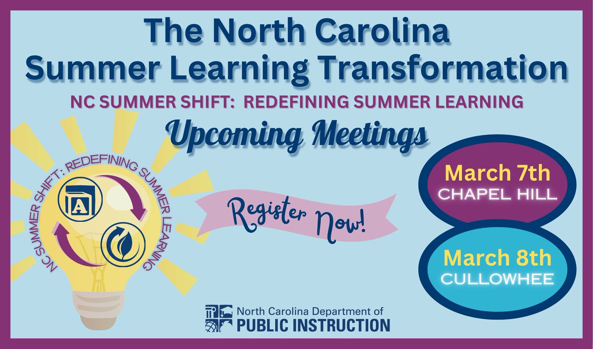 OLR is partnering with @NCDPI_OEL to host the NC Summer Shift: Redefining Summer Learning. This convening will help PSUs reframe the narrative around summer learning through a convening that champions innovative strategies. Register to reserve your spot: go.ncdpi.gov/cdmyz