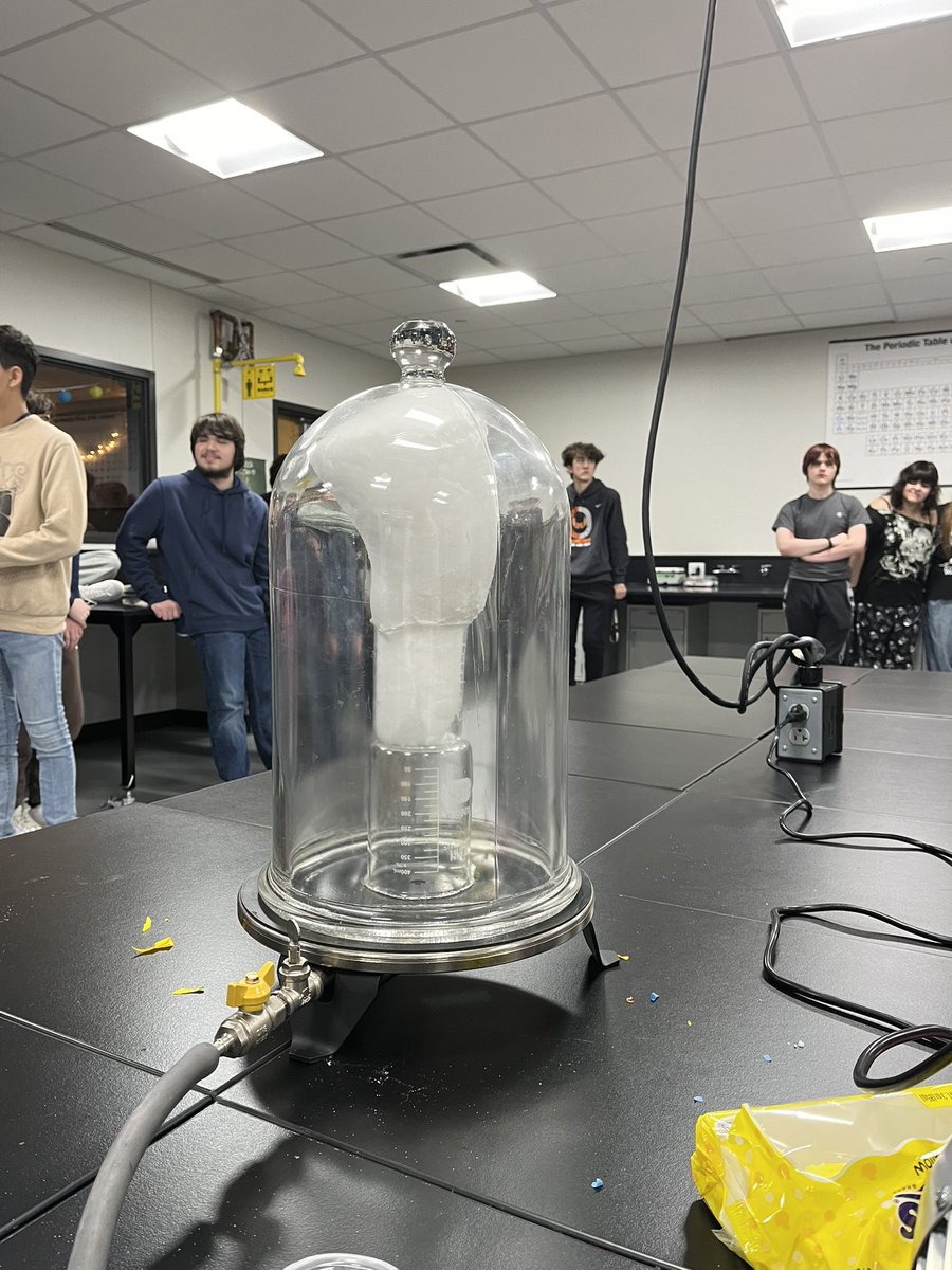 Chemistry classes had some fun today experimenting with the bell jar/vacuum pump. What happens to volume as you decrease pressure? 🤔