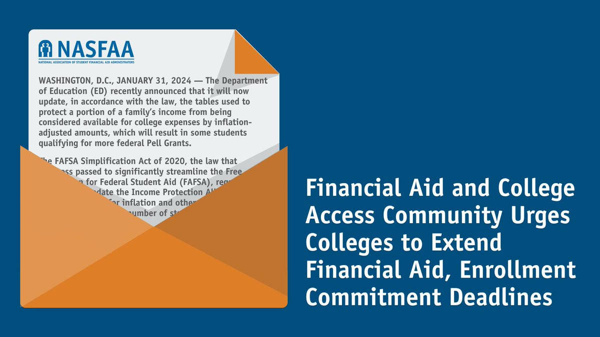 📣 Just In: Today, NASFAA joined the #highered community in urging colleges & universities to extended their enrollment, scholarship, and financial aid deadlines beyond the traditional May 1 date to accommodate continued #FAFSA delays. nasfaa.org/community_urge…