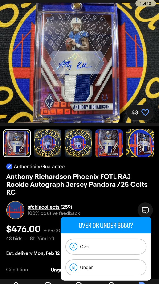 8 hours left on this Anthony Richardson Rookie Patch Autograph /25, the Pandora FOTL Exclusive from Phoenix Hobby!

Where do you think this one will end?

#ebayforsale #sportscards #sportscardsforsale #tradingcards #thehobby #anthonyrichardson