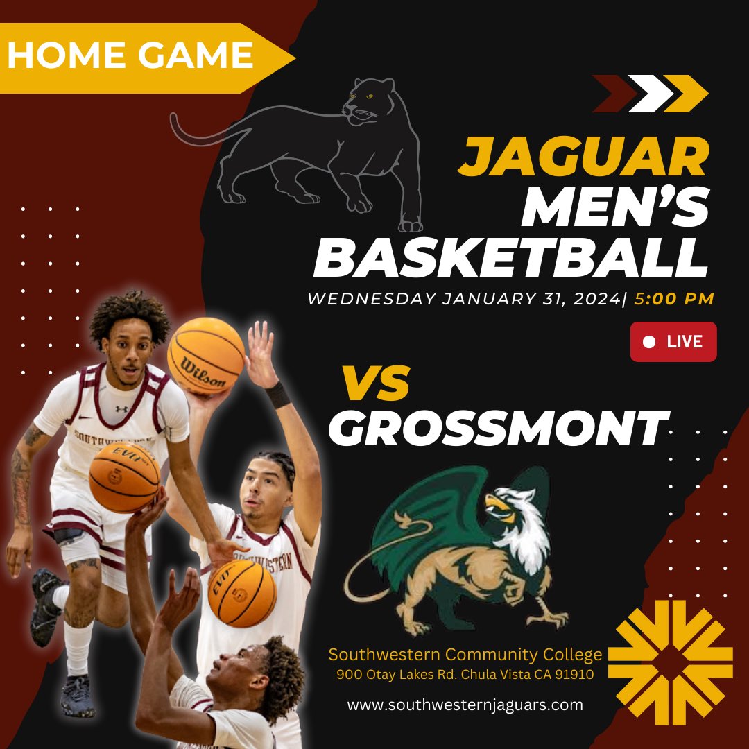 Grossmont College vs Southwestern College Men's Basketball, Wednesday, 5... youtube.com/live/RdYmxQxbD… via <a href="/YouTube/">YouTube</a>
Home Game Tonight at 5:00 pm
Ticket Pricing: $5 General Admission/ $ 4 Military ID, Children 12 under, Seniors 55+ / $3 SWC Staff, Faculty, and Students.