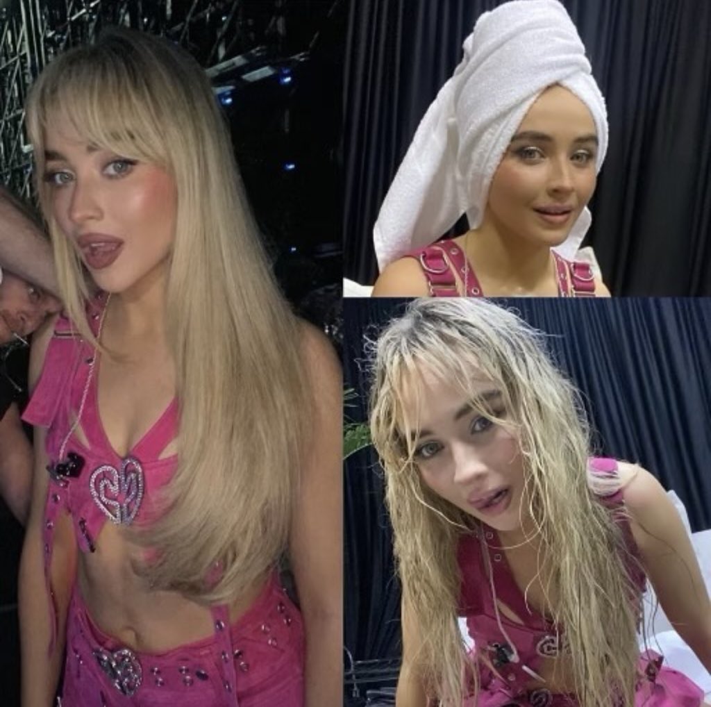 FebreTeen's tweet photo. Sabrina Carpenter antes e depois de cantar debaixo de chuva no Rio de Janeiro na ‘The Eras Tour’ 🇧🇷🫶Saudades da nossa Ipanema Brina!! https://t.co/6h8MoaDPHy