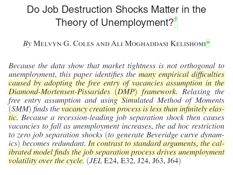 Coles & Kelishomi (2018, AEJ:Macro) emphasize how relaxing the free-entry assumption of the standard DMP model critically changes implied unemployment dynamics. With imperfectly elastic vacancy posting, job separation shocks play a more important role in driving U fluctuations.