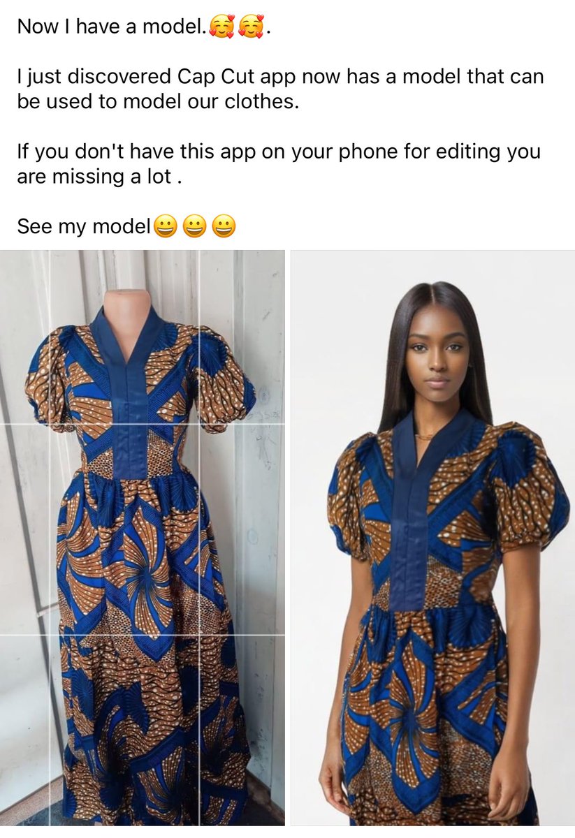 Oma_GuGu's tweet photo. Dear fashion designers in the house, I saw this update, decided to share.

This is step by step on how to use the app 🤍

For those that want to know how to use it. 

1) dowload the app capcut

2) it's not necessary you signed in with email etc (just cancel that step by clicking "x" at the top corner) and continue.

3) when you open the app, you will see the icons available, click on "expand" icon, it will bring the rest of the icon.

4) click on the "AI model" icon and start playing with it till you get it right.

5) select one model

6) select your desired pose.(note: you can select more than one pose but one model at a time, it will generate multiple results for you)

Trick: select model that didn't tucked in their top for dresses or long wear, and vise versa. 

Note: you really need to have data, I mean enough data.

You can even select product icon too instead of AI model, it will give you pictures like those ones with price tags you see online. ...

Below is picture of the models  in the comment section please