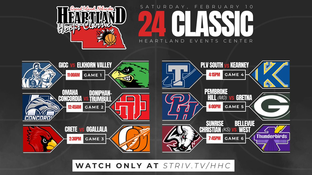 🚨UPDATED Heartland Hoops Classic Schedule🚨 *the Denver East vs. Westside game will NOT be played, first tipoff is at 11:00am ‼️ See the schedule below for updated game times 👇 strivsports.com/24hhc #nebpreps | @HHoopsClassic