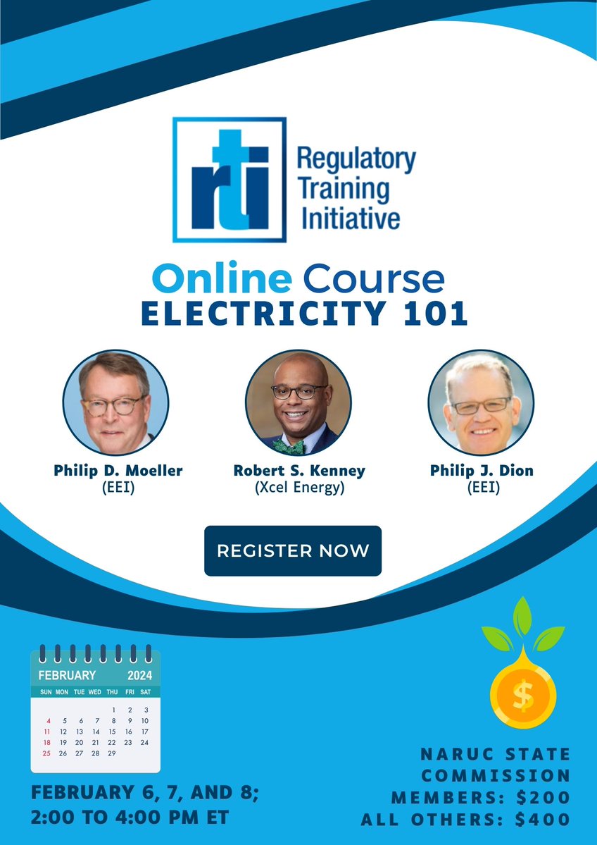 NARUC's tweet photo. Registration is open for the new RTI course "Electricity 101." This training provides participants with a high-level overview of the electric utility industry, and the way it is regulated. Secure your spot: https://t.co/XorBN3ZXJN #UtilityRegulation #LeadingTheWay https://t.co/FwlwvSIChb
