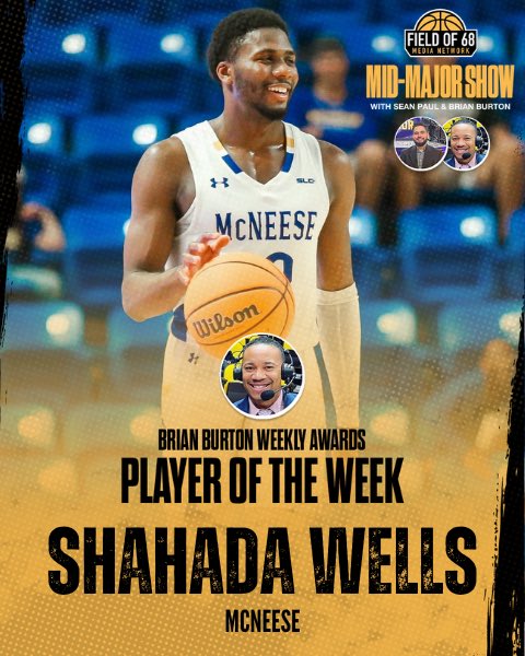 theFieldOf68_MM's tweet photo. 🚨WEEKLY @TheFieldOf68 🏆s🚨
@theFieldOf68_MM | @SeanPaulCBB
⭐️⭐️ PLAYER of the WEEK ⭐️⭐️
🏀🏀 SHAHADA WELLS 🏀🏀
@McNeeseMBB
#TheFieldof68 #MidMajorHoops https://t.co/Anp4N6mI06