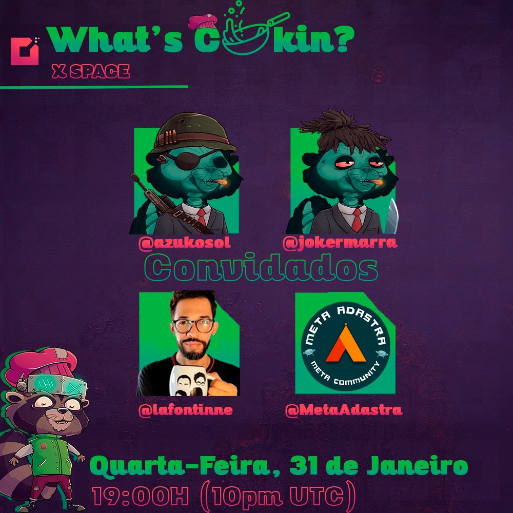 Boa tarde família, passando para avisar que hoje o nosso space está confirmado e preparado para receber nosso amigo <a href="/lafontinne/">Lafontinne ✼</a>, vamos trocar uma ideia sobre o projeto Cidade das Artes &amp; Tarsila.
Hoje as 19hrs (10pm UTC) 🔥🍳🦝
Host: <a href="/jokermarra/">JokerMarra 🤴 | COOKIN</a>
Co-host: <a href="/azukosol/">azuko</a>