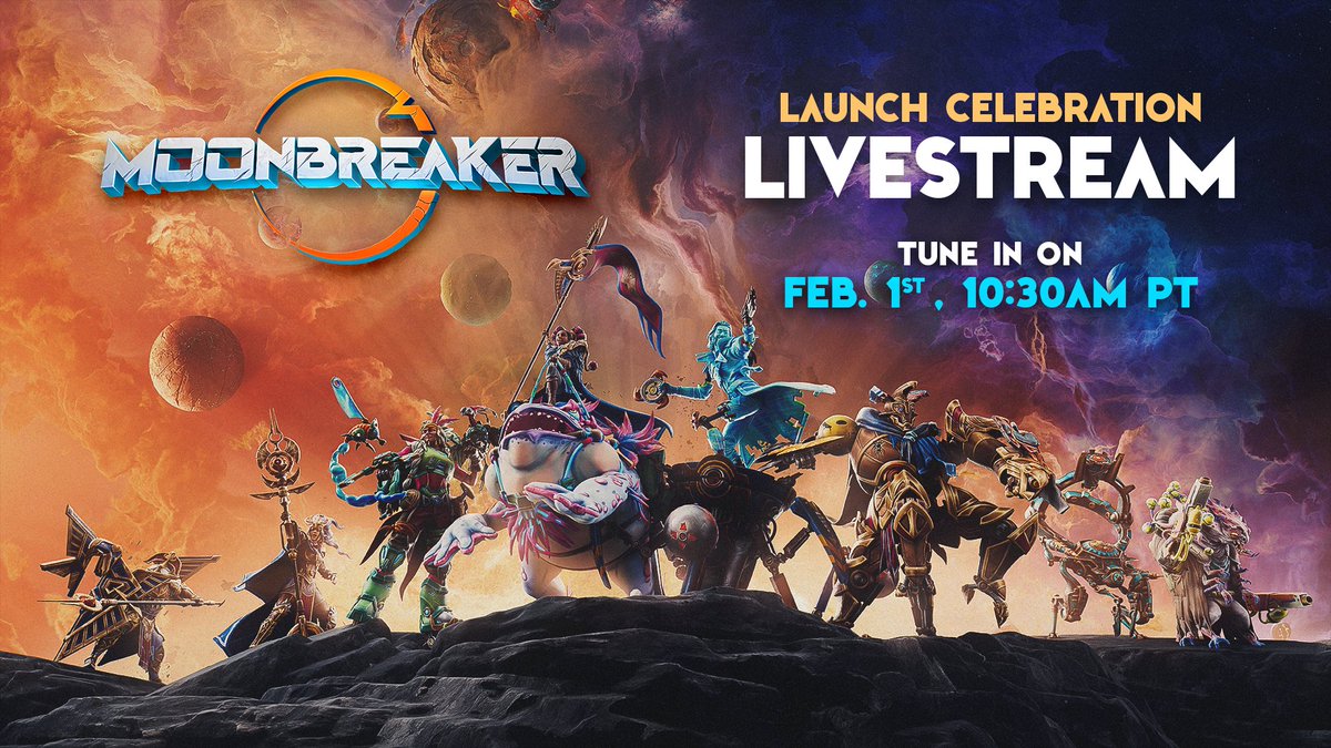 We're excited to invite you to the Moonbreaker launch livestream! 🚀 Join us tomorrow, Feb. 1, at 10:30 am PT, on Twitch, YouTube, or Steam to celebrate the release of 1.0 🎉