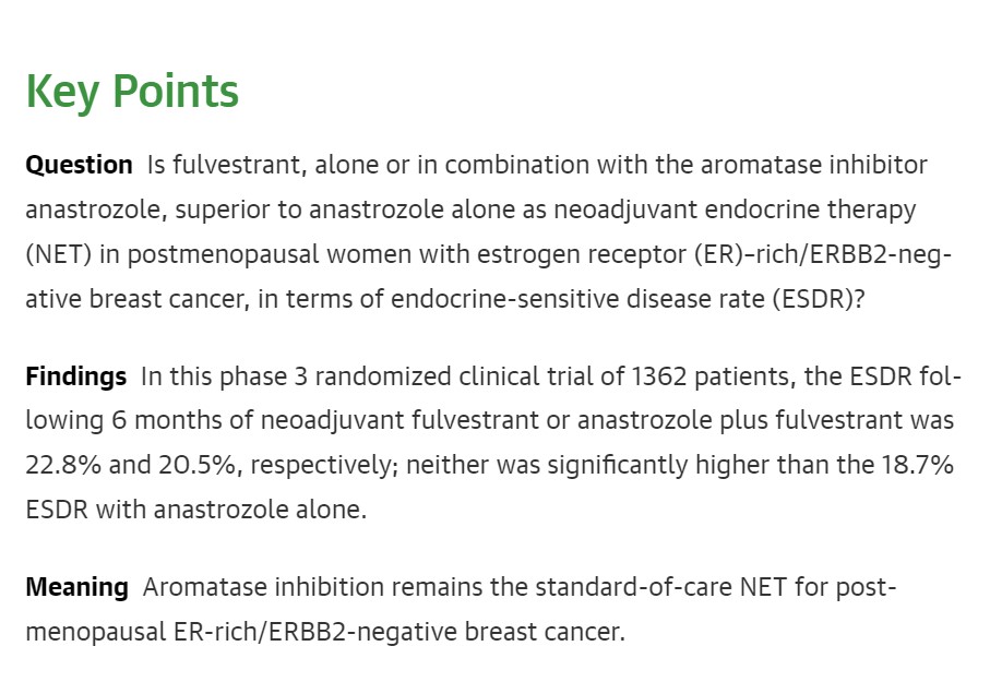 📄New Phase III RCT results just published in <a href="/JAMAOnc/">JAMA Oncology</a> 👉Endocrine-Sensitive Disease Rate in Postmenopausal Patients With Estrogen Receptor–Rich/ERBB2-Negative #BreastCancer Receiving Neoadjuvant Anastrozole, Fulvestrant, or Their Combination. 
pubmed.ncbi.nlm.nih.gov/38236702/