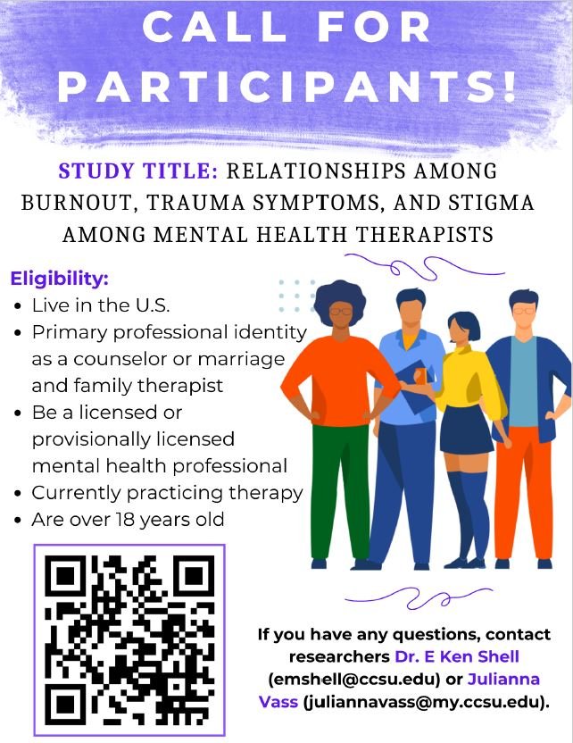 Hello, all! We are currently looking for participants for a study on the relationship of burnout, trauma symptoms, and stigma for mental health counselors and marriage and family therapists. Please take a look and fill out the survey if you meet the criteria. Please share!