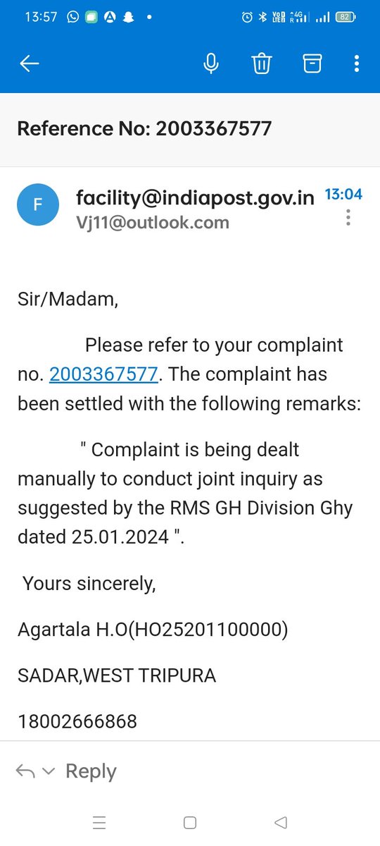 Vj11's tweet photo. @IndiaPostOffice I have not received my parcel yet, but I have received a mail from post office that complaint is being dealt manually... What does it imply, what should I interpret? @DoT_India @AshwiniVaishnaw https://t.co/nLecDKHxnh