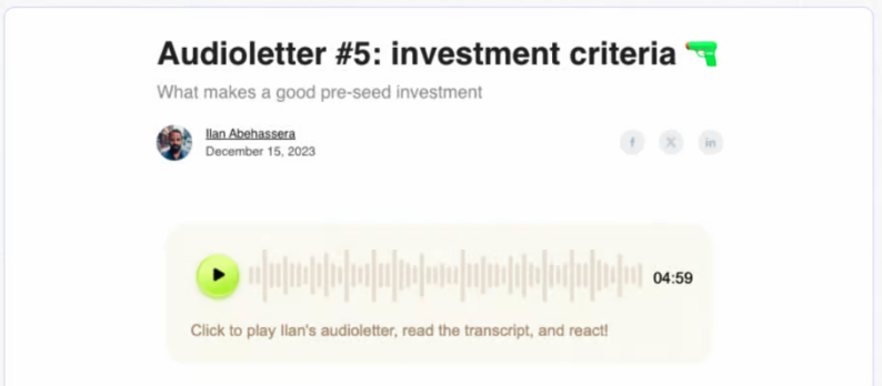 GoPreezy's tweet photo. TIL you can add audio in your @beehiv newsletter. Create an interactive voicenote and embed it in your newsletter using @async_com. Users can listen to the audio, drop in comments and reactions, and read the transcript. Huge! Check it out https://t.co/NuLkJHb3PP https://t.co/EeJPdOeUAj
