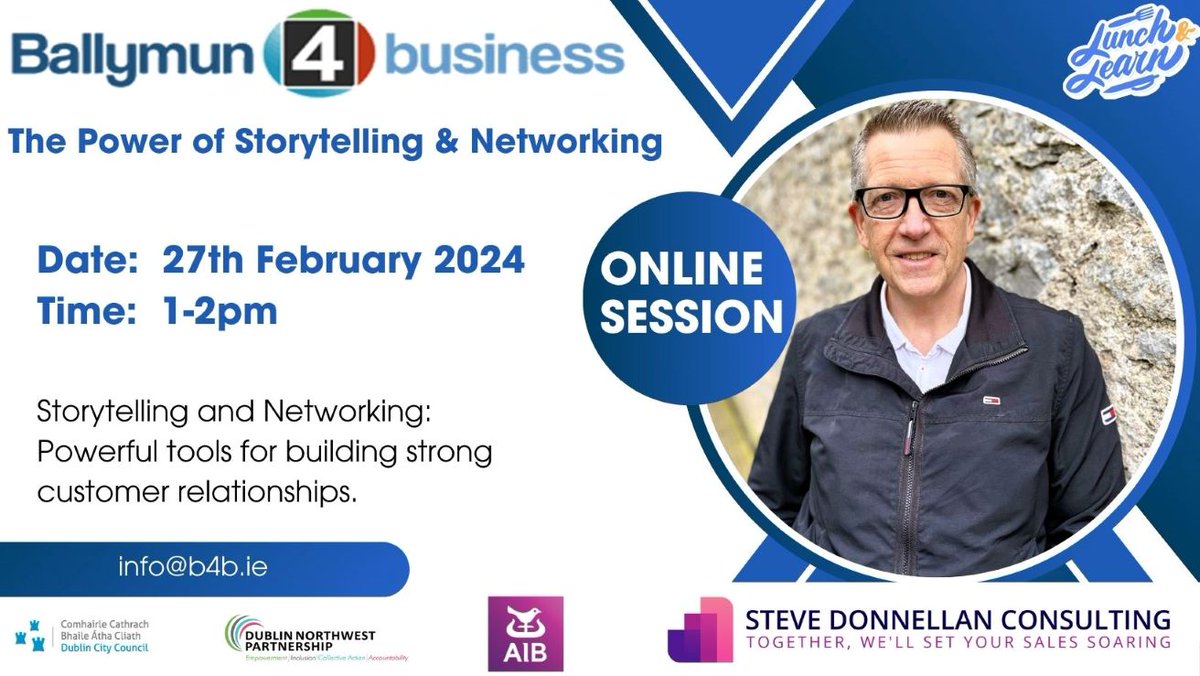 Ballymun4biz's tweet photo. We are delighted to announce our first 'Lunch and Learn' session will be taking place on the 27th February 2024. If you would like to attend please email info@b4b.ie

This is a free workshop for B4b members with thanks to Steve Donnellan Consulting.

#networking #storytelling https://t.co/sxx6cRwFL1