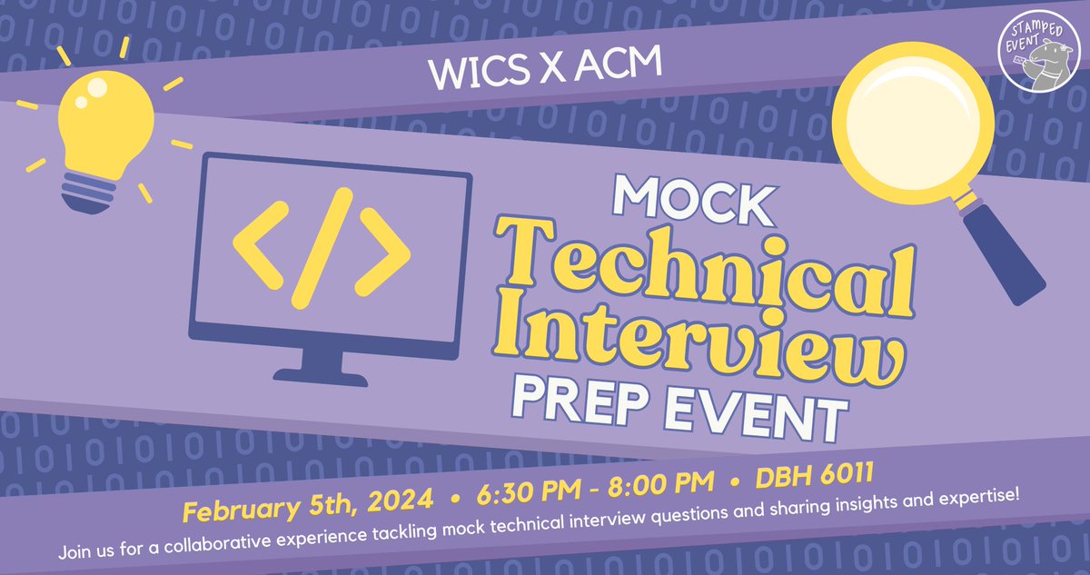Ready to level up your technical interview game? Join WICS and ACM for a collaborative technical interview preparation experience. Teams will tackle mock technical interview questions together, sharing insights and expertise.
This is a stamp event!
RSVP: bit.ly/WICSxACMMTIPrep
