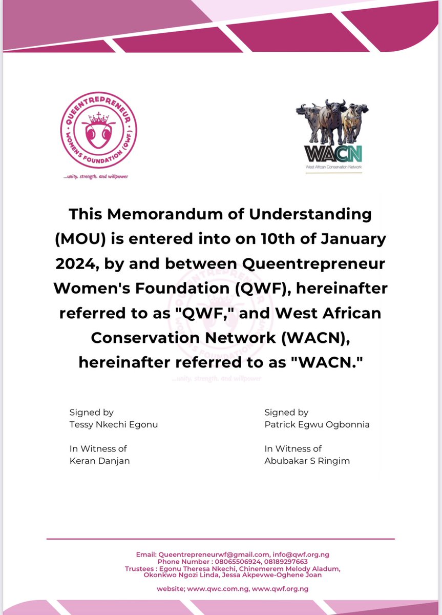 West African Conservation Network (WACN) (@westafricancon1) on Twitter photo This month, we signed an MOU with <a href="/qwf_ng/">Queentrepreneur Women's Foundation</a> to support the WACN Kainji Lake National Park Project with women centric socioeconomic programs in communities surrounding the park, and also to support general WACN operations. #WACN, #QWF…. This month, we signed an MOU with <a href="/qwf_ng/">Queentrepreneur Women's Foundation</a> to support the WACN Kainji Lake National Park Project with women centric socioeconomic programs in communities surrounding the park, and also to support general WACN operations. #WACN, #QWF….