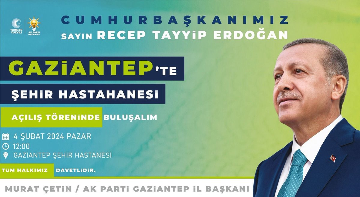 Hasret Bitiyor... Cumhurbaşkanımız, Genel Başkanımız Sayın Recep Tayyip Erdoğan 4 Şubat 2024 Pazar Günü Saat 12.00’de Gaziantep Şehir Hastanesi Açılışı Dolayısıyla Gazi Şehrimize Geliyor. 📅 4 Şubat 2024 Pazar ⏰ 12:00 📍 Gaziantep Şehir Hastanesi #ErdoğanAşkıyla @RTErdogan