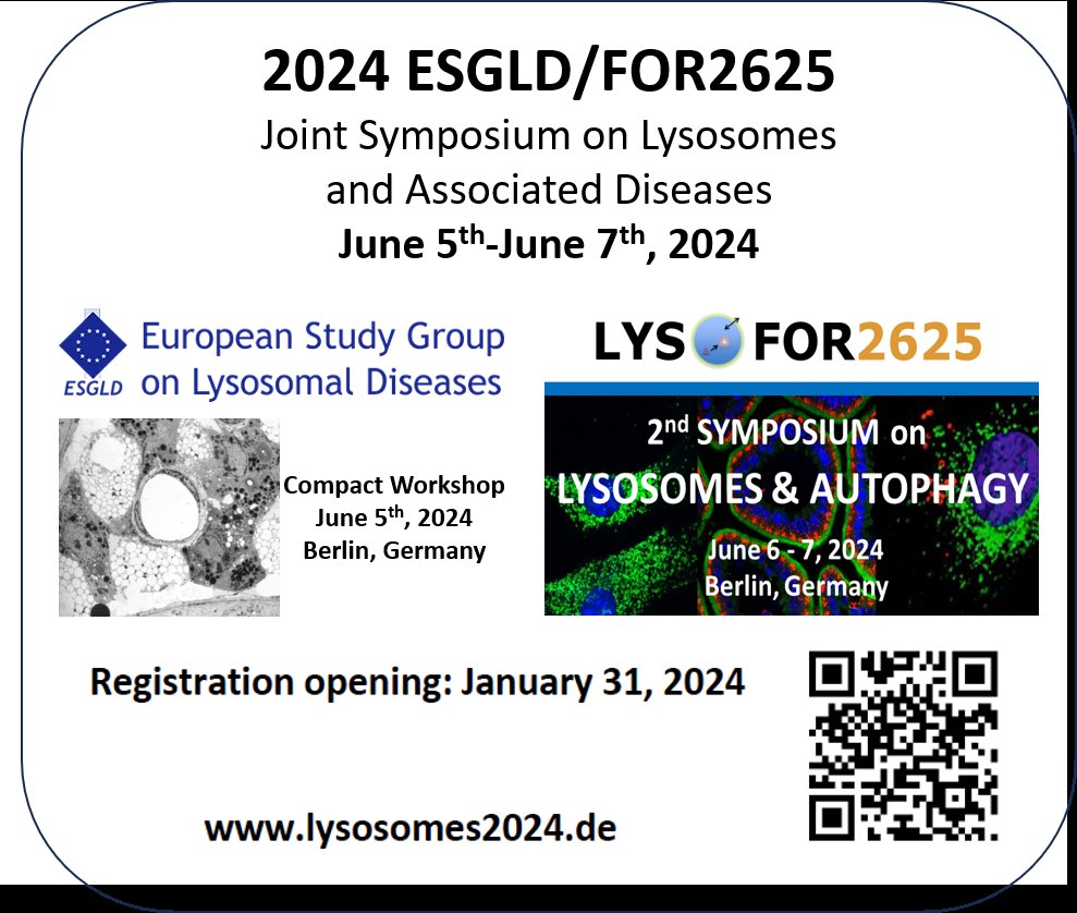 Registration is open NOW for our joint symposium on lysosomes and autophagy by the DFG research unit FOR2625 and the ESGLD in Berlin, Germany in June. Don't wait too long as the number of participants is limited... Please share and re-tweet! See you in Berlin 🥳 #lysosomes